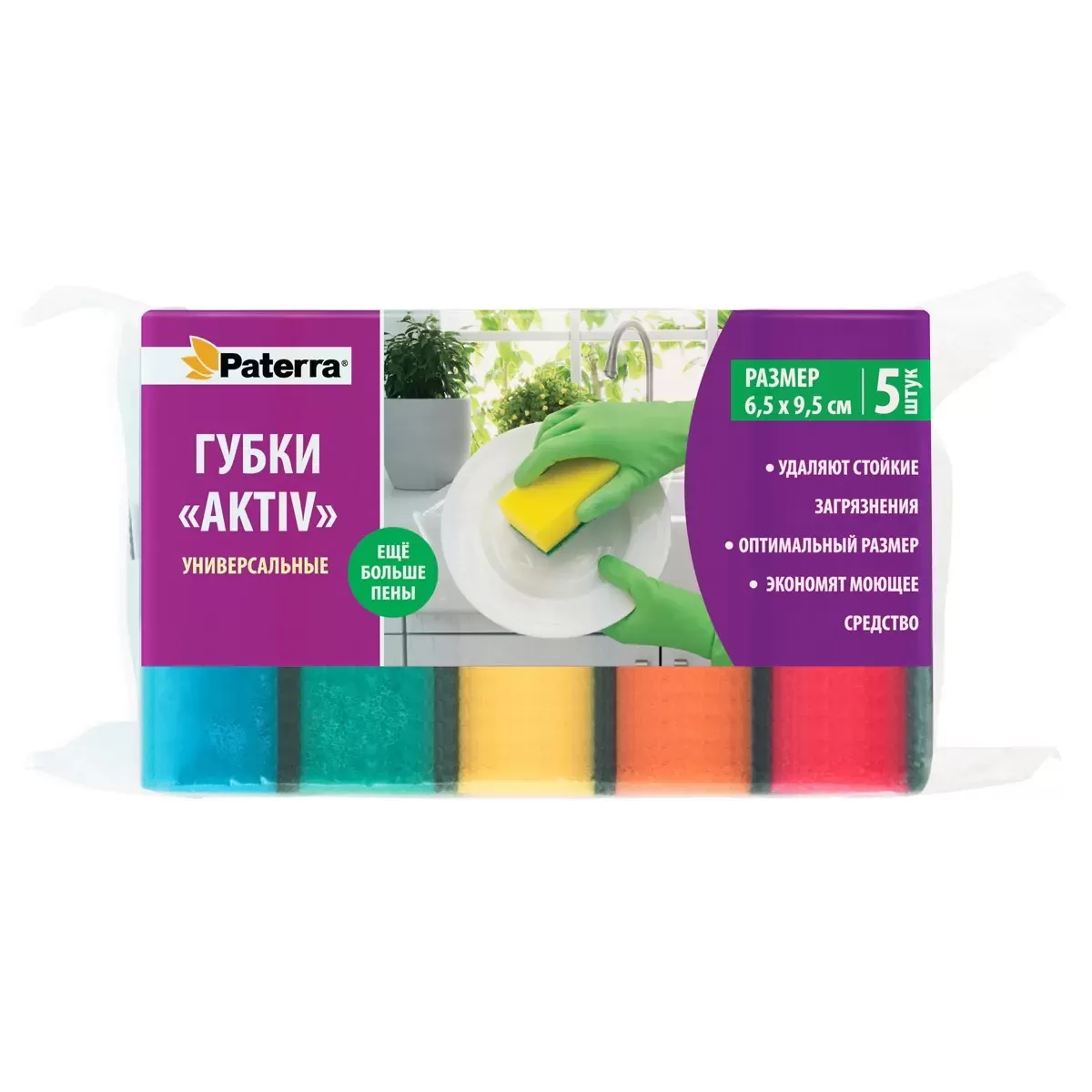 Губки кухонные AKTIV (maxi), 5 шт. в упаковке, 65 х 95 мм, PATERRA /48