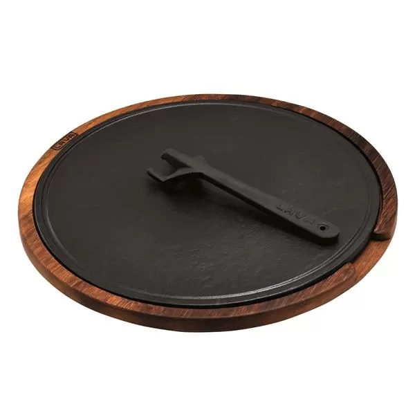 Деревянный поднос с чугунным блюдом(Ø)34cm. (4 pieces Silicon seperater, between wood and plate)