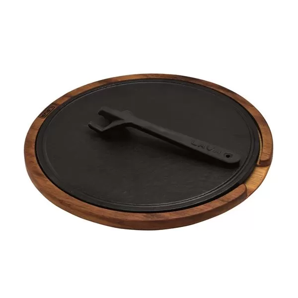 Деревянный поднос с чугунным блюдом(Ø)29cm. (4 pieces Silicon seperater, between wood and plate)