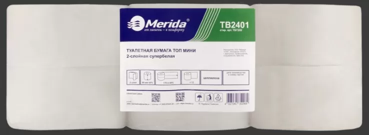 Туалетная бумага ТОП+ МИНИ 2сл белая 170м Мерида 12рул/упак  Т2