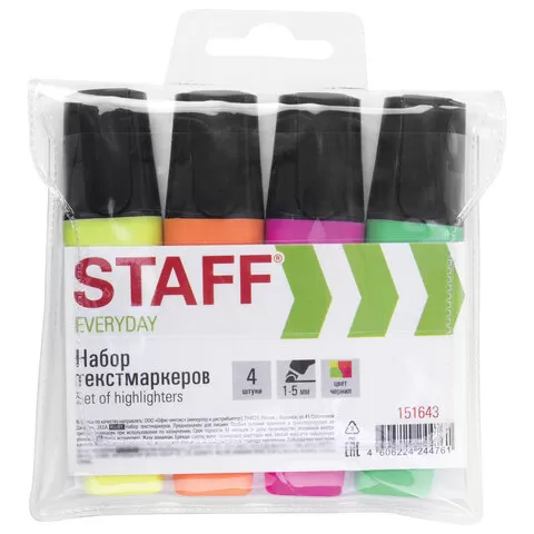Набор текстовыделителей STAFF «EVERYDAY», 4 шт., АССОРТИ, линия 1-5 мм