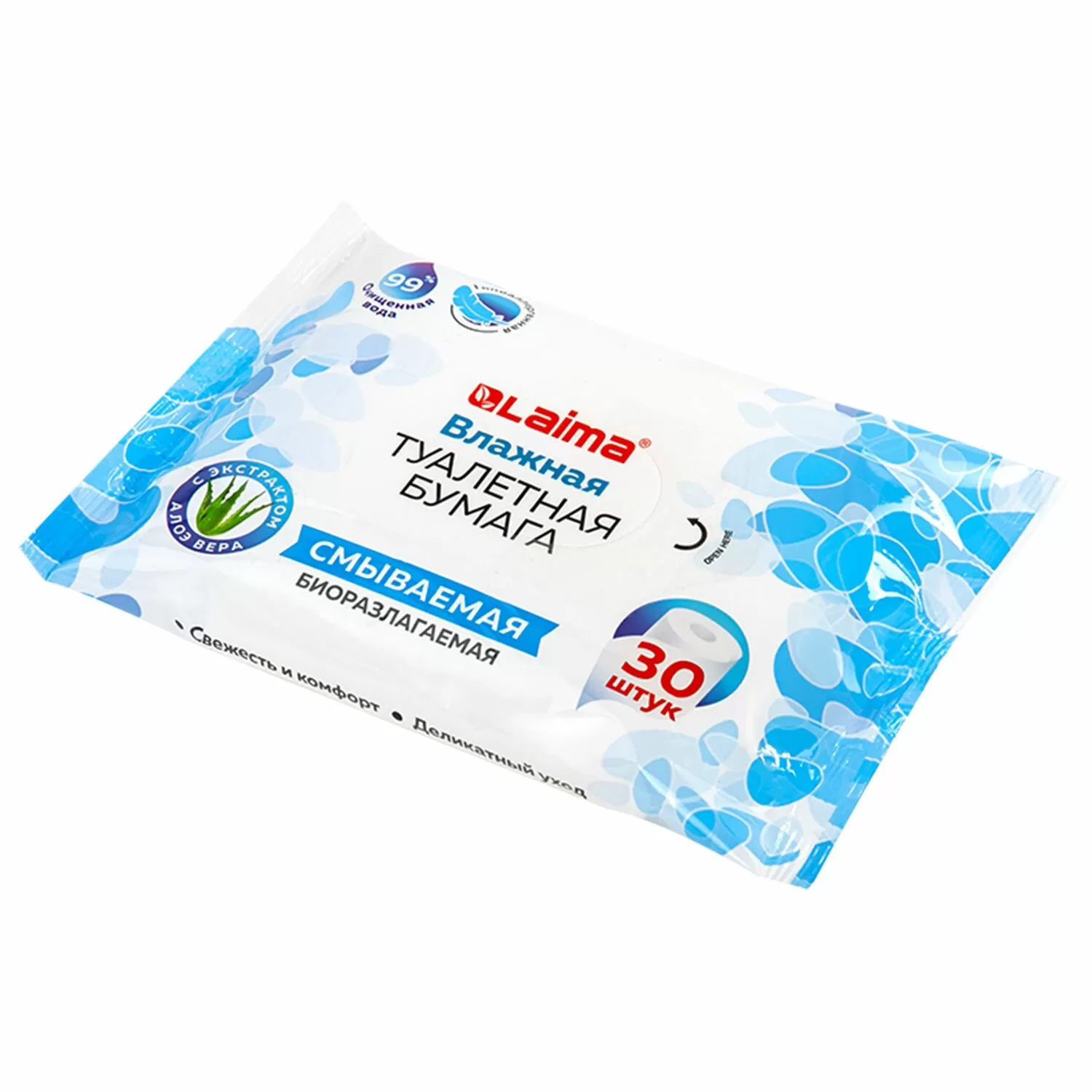 Бумага туалетная влажная 30 шт, БИОРАЗЛАГАЕМАЯ, смываемая, с экстрактом алоэ вера, LAIMA