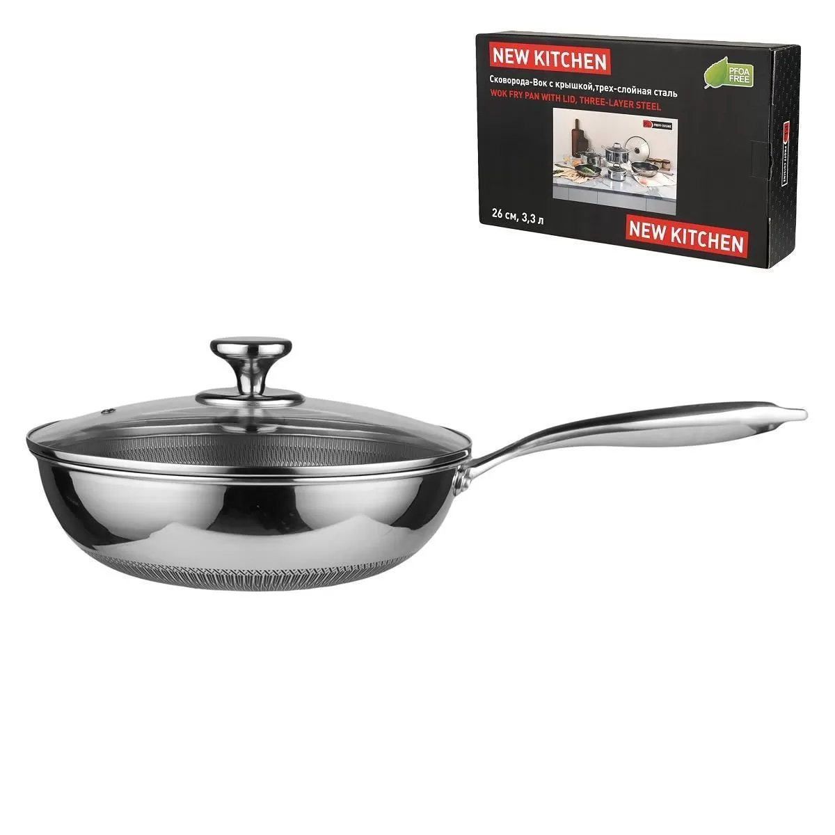Сковорода-Вок с крышкой,трех-слойная сталь, 3.3 л, 26/15*8 см.серия "New Kitchen", P.L.