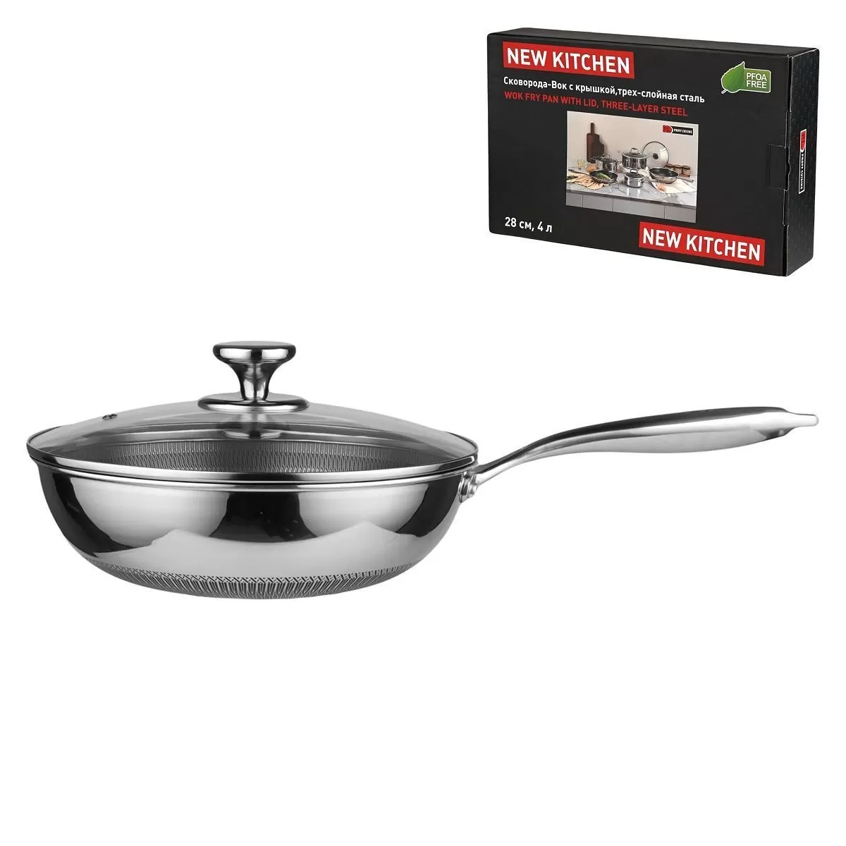 Сковорода-Вок с крышкой,трех-слойная сталь, 4 л, 28/16.5см, р15,5/8,5 см, серия "New Kitchen", P.L.