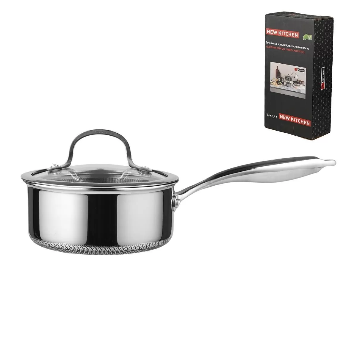 Сотейник с крышкой,трех-слойная сталь,1.4 л, 16/13,5*7,5 см,серия "New Kitchen", P.L.