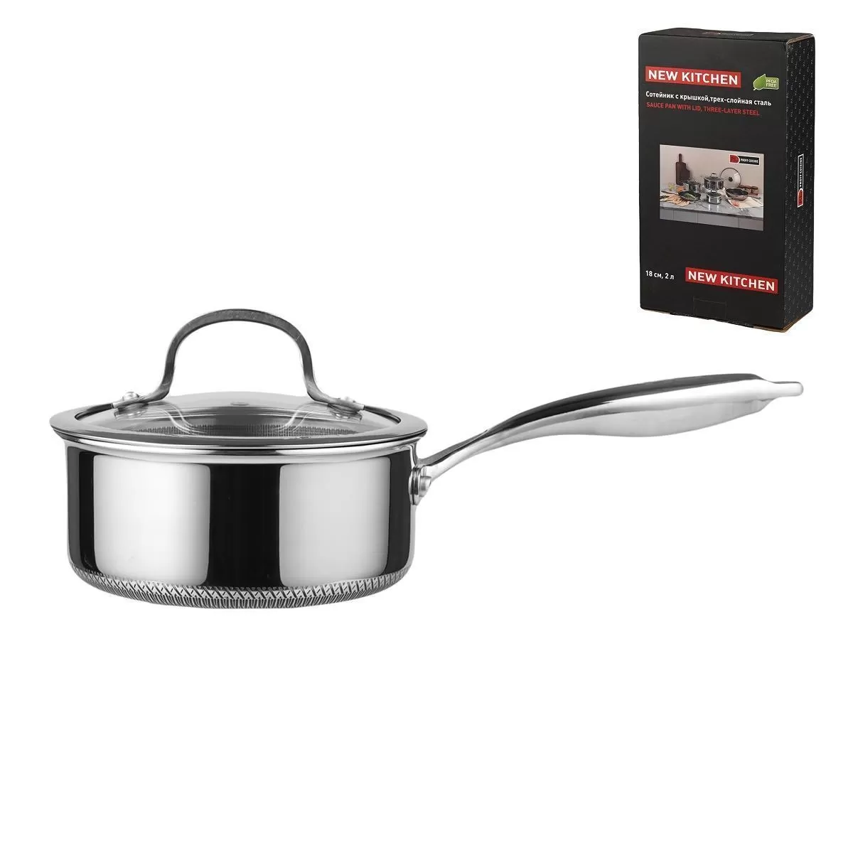 Сотейник с крышкой,трех-слойная сталь, 2 л,18/16*8 см,серия "New Kitchen",  P.L.