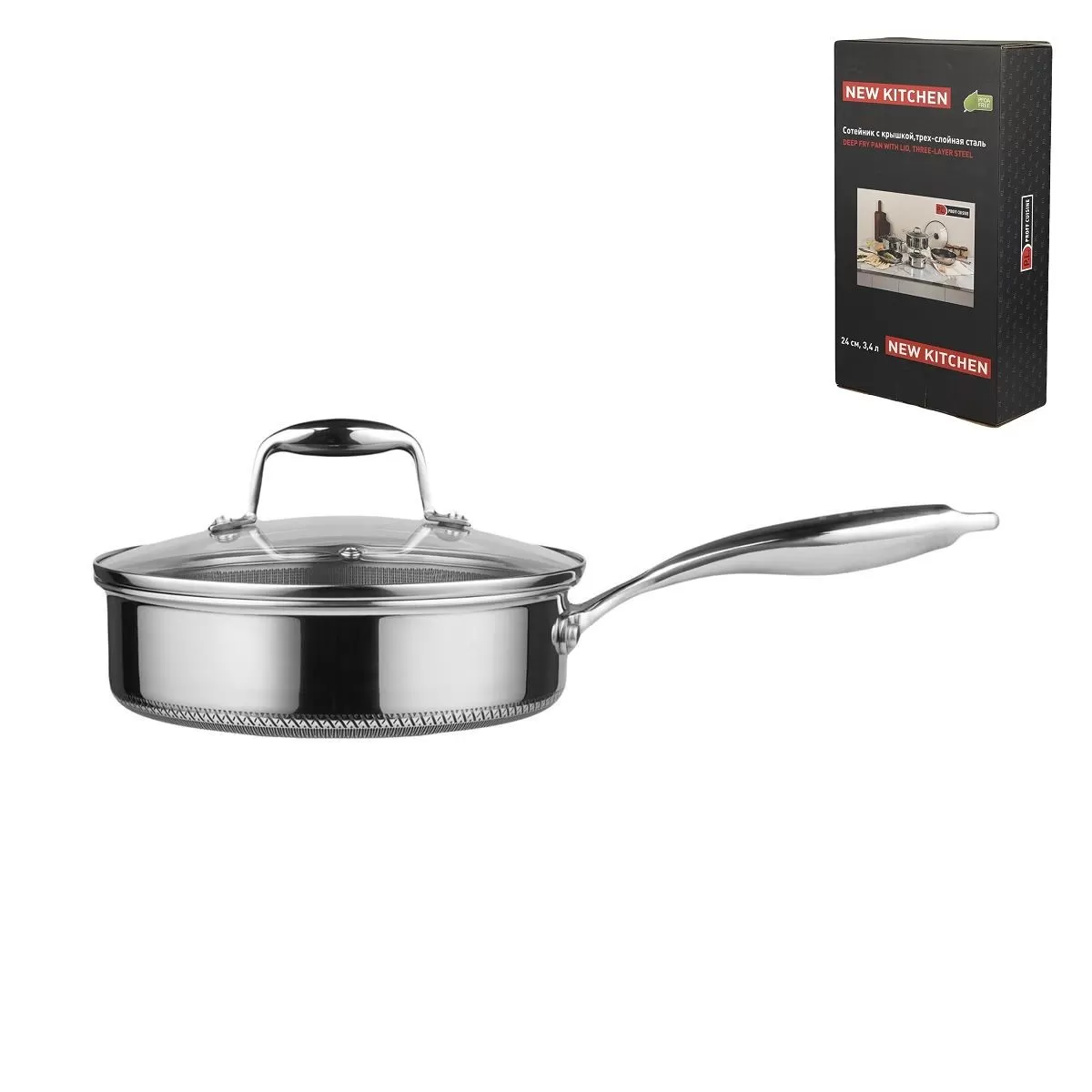 Сотейник с крышкой,трех-слойная сталь, 3.4 л, 24/21,5*8 см,серия "New Kitchen",  P.L.