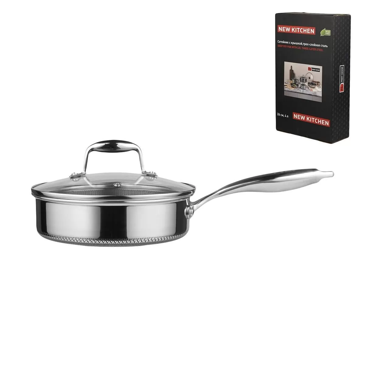 Сотейник с крышкой,трех-слойная сталь, 4 л, 26/23*8 см, серия "New Kitchen",  P.L.
